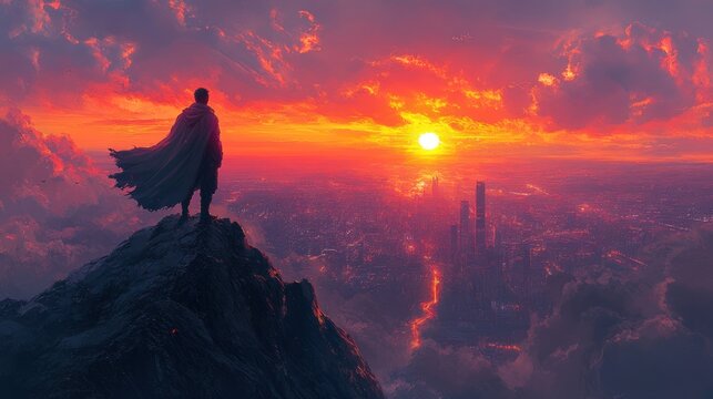 Silhouette figure on mountaintop, epic sunset over futuristic city