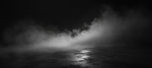Fototapeta premium Mysterious grayscale landscape featuring a dark, moody atmosphere with thick fog rolling across a reflective, wet surface, creating a dramatic, atmospheric scene. : Generative AI