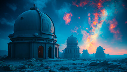 Obraz premium Lunar Observatory Ruins Amidst Nebula - Serene Cosmic Decay