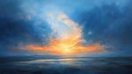 Vibrant Sunset Landscape with Blue and Orange Clouds over Calm Ocean