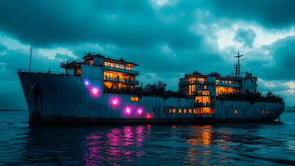 Obraz premium Decaying Shipwreck Meets Futuristic Urban Renewal Under Twilight Skies
