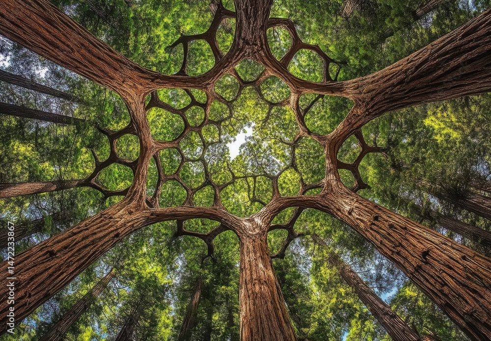 Poster a mesmerizing low-angle view of interconnected redwood tree trunks forming a unique, natural canopy 