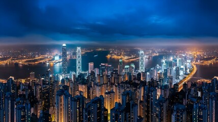 Obraz premium Night View of Hong Kong Skyline with Illuminated Skyscrapers and City Lights, Panoramic Urban Landscape