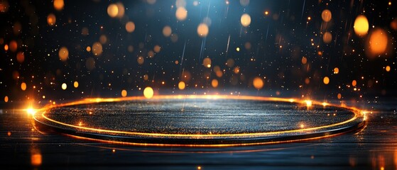 A dark circular platform glows with golden light amidst a bokeh filled abstract backdrop design scene.