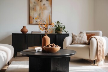 Modern Beige Living Room with Black Coffee Table, Artistic Decor, and Cozy Minimalist Vibes