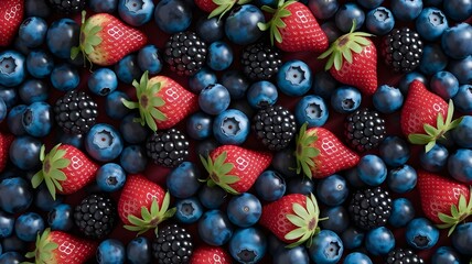 Fototapeta premium Assorted Fresh Berries, Strawberries, Blueberries, and Blackberries Background, Healthy Eating, Summer Fruits, and Delicious Berry Mix