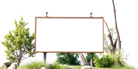 Fototapeta premium A blank billboard with a wooden frame surrounded by greenery and rocks on a sunny day outdoors