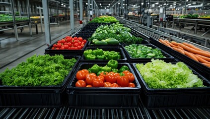 Fresh produce on a conveyor belt in a modern facility