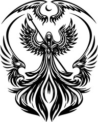 Obraz premium SVG vector of coral reef restoration showing marine life. Dark Angel with Wings, Spear, and Crescent Moon Design for Art