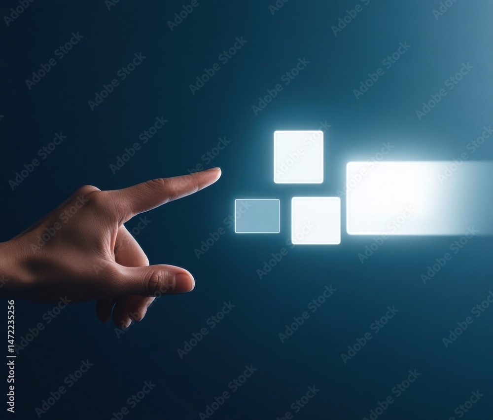 Aufkleber A hand points towards glowing digital squares, symbolizing innovation, technology, and user interaction in a futuristic interface. The image evokes concepts of progress, data, and seam : Generative AI