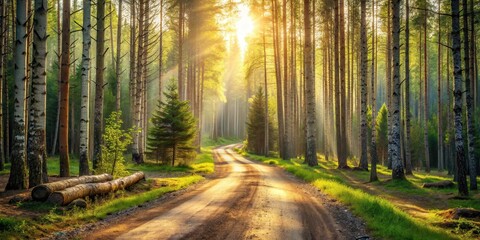 Obraz premium Sunlit Path Through a Lush Forest of Tall Trees and Vibrant Green Undergrowth