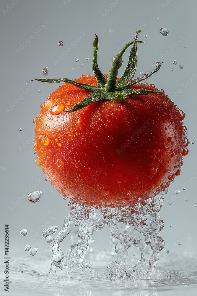 Poster A single, ripe red tomato falls into a clear water surface, creating a dynamic splash with numerous water droplets and a burst of motion. : Generative AI