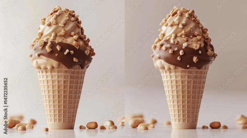 Poster a 3d rendering of a chocolate peanut butter ice cream cone with nuts, set on a white background