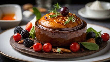 Modern cheesecake with berries, tomatoes, and herbs. Unusual dessert presentation on a white plate