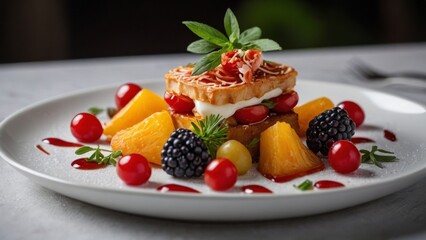 Modern cheesecake with berries, tomatoes, and herbs. Unusual dessert presentation on a white plate