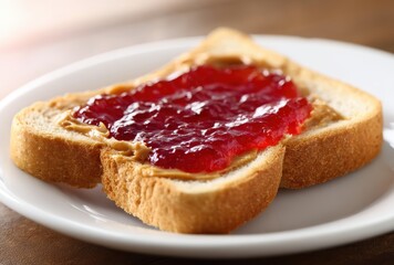 Delicious toast with creamy peanut butter and sweet jelly spread, perfect for breakfast or a tasty snack, presented on a simple white plate in warm light.