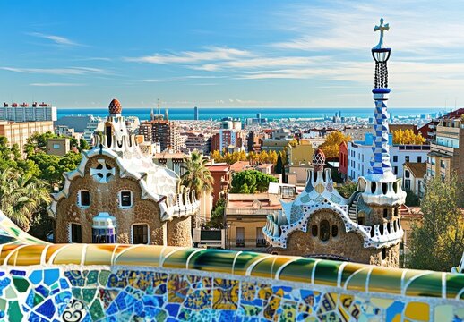 Park Güell's whimsical mosaic structures overlook Barcelona's cityscape and the Mediterranean Sea on a sunny day, offering a stunning panoramic view. : Generative AI