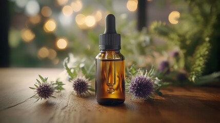 Fototapeta premium A minimalistic stock photo of a milk thistle oil dropper bottle surrounded by thistle flowers on a wooden surface