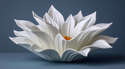 A serene presentation of a pristine white flower with delicate petals gracefully unfolding to reveal a soft yellow center against a gentle blue backdrop.