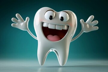A vibrant cartoon tooth mascot promoting dental health.