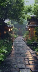 Obraz premium A tranquil pathway through a lush Asian village, bathed in soft light