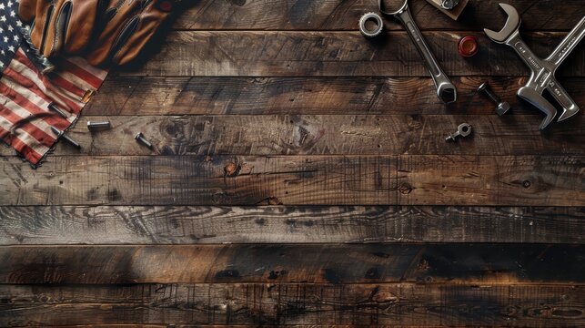 Vintage Tools and American Flag on Rustic Wood Background