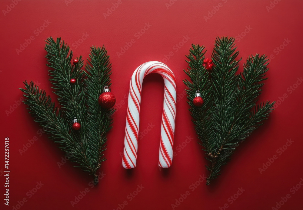 Poster christmas candy cane flanked by fir branches and red ornaments on a red background, creating a festi