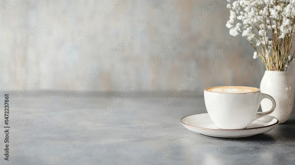 Fototapete a cup of cappuccino with latte art sits on a gray table next to a vase of white gypsophila flowers, 