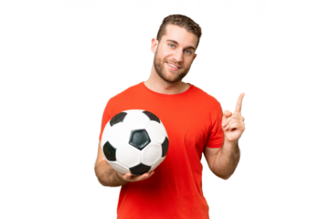 Handsome young football player man over isolated chroma key background showing and lifting a finger in sign of the best