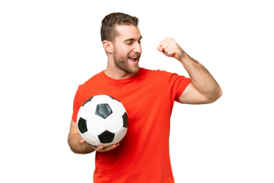 Handsome young football player man over isolated chroma key background celebrating a victory