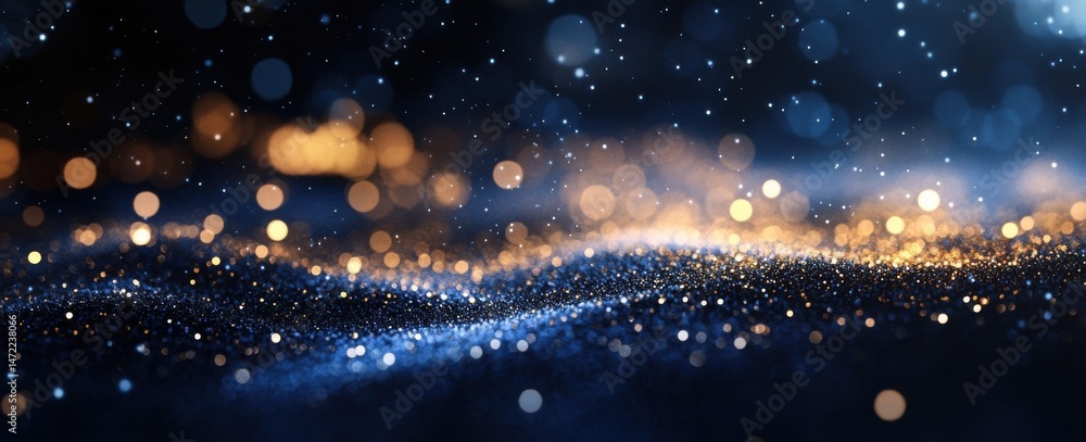 Fototapete Abstract glittering texture with blue and gold bokeh lights, ideal for festive backgrounds or luxury product presentations.  The image features a wave-like pattern of sparkling particl : Generative AI