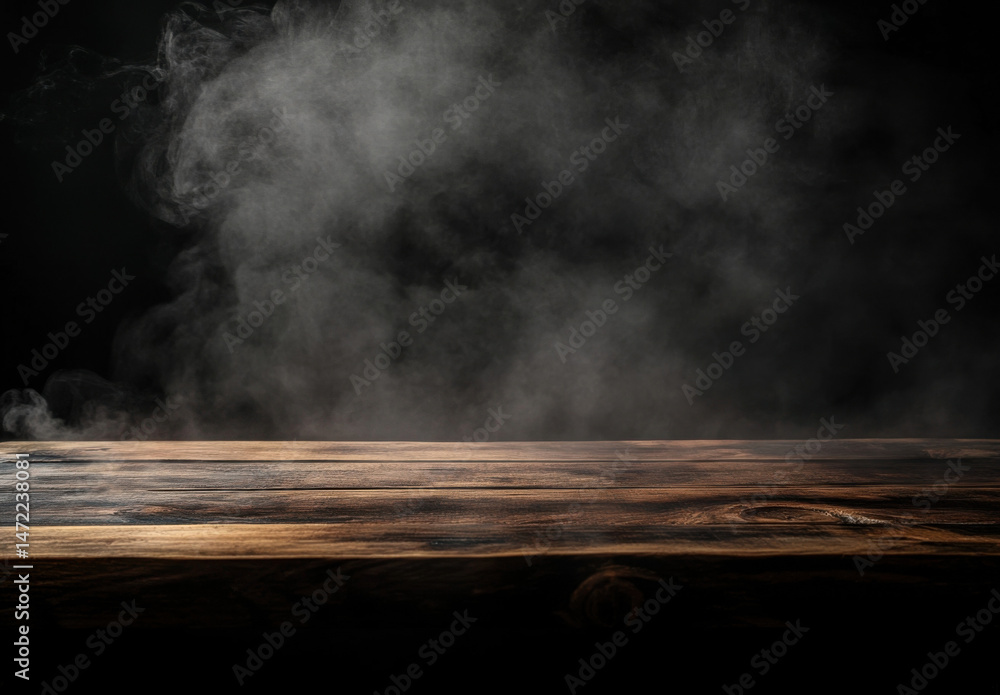 Poster Dark wooden table with smoky atmospheric background, ideal for product placement or mysterious scenes. : Generative AI