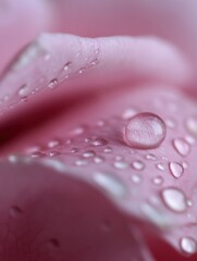 Close-up of a delicate pink rose petal glistening with morning dew, showcasing the intricate texture and vibrant color of the flower. : Generative AI