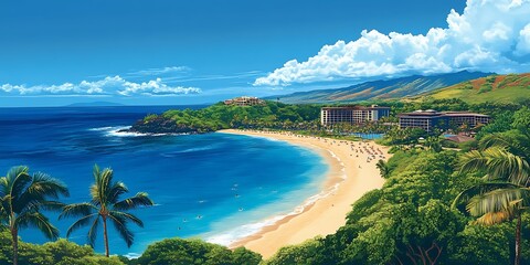 Obraz premium Tropical Beach Resort, Sunny Day, Ocean View, Vacation Destination