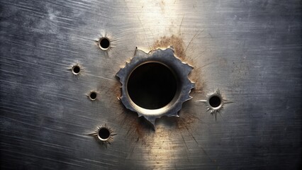 Metal surface with bullet holes and radial cracks