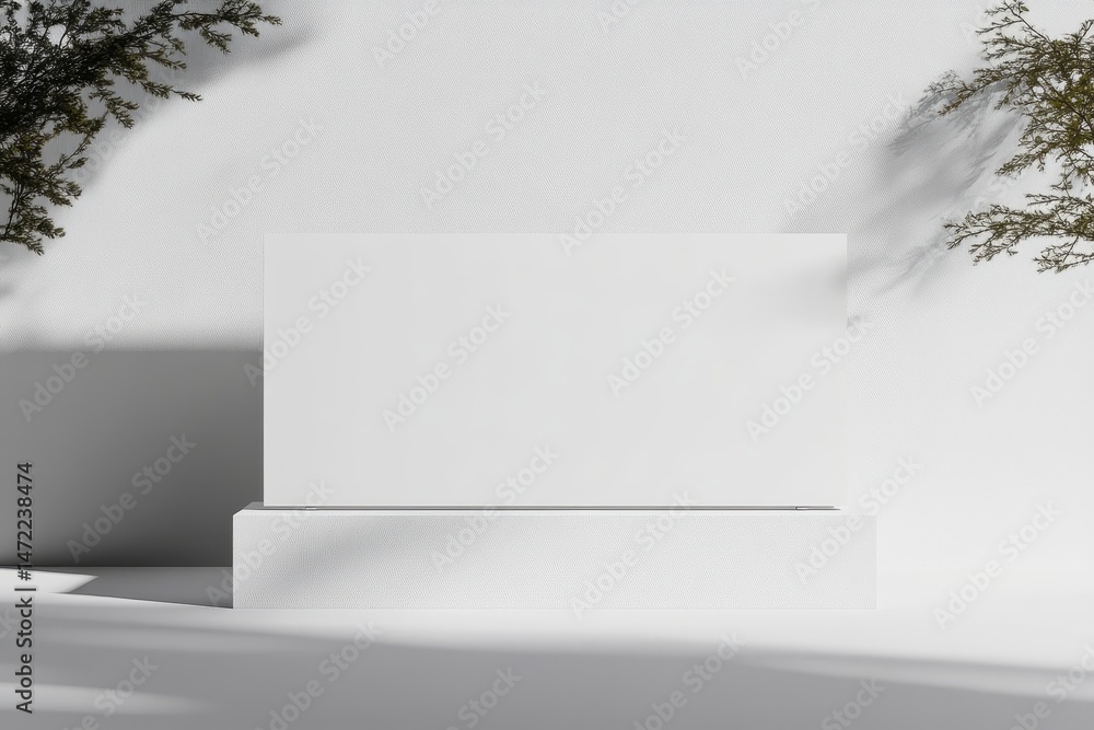 Poster white blank sign display on stone pedestal under tree shadows