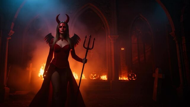 Mysterious woman in devil costume holding trident in dark setting  