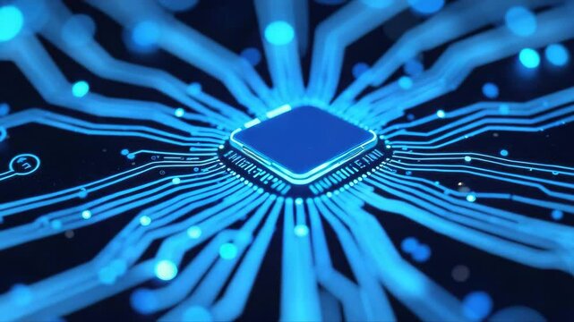 A brightly glowing artificial intelligence chip on a light printed circuit board on a blue technology background. 4K animation.