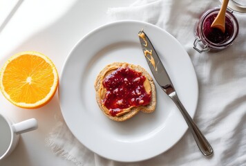 Fresh Breakfast Scene with Toast, Peanut Butter, and Strawberry Jam Surrounded by Orange and Coffee in Well-Lit Kitchen Environment