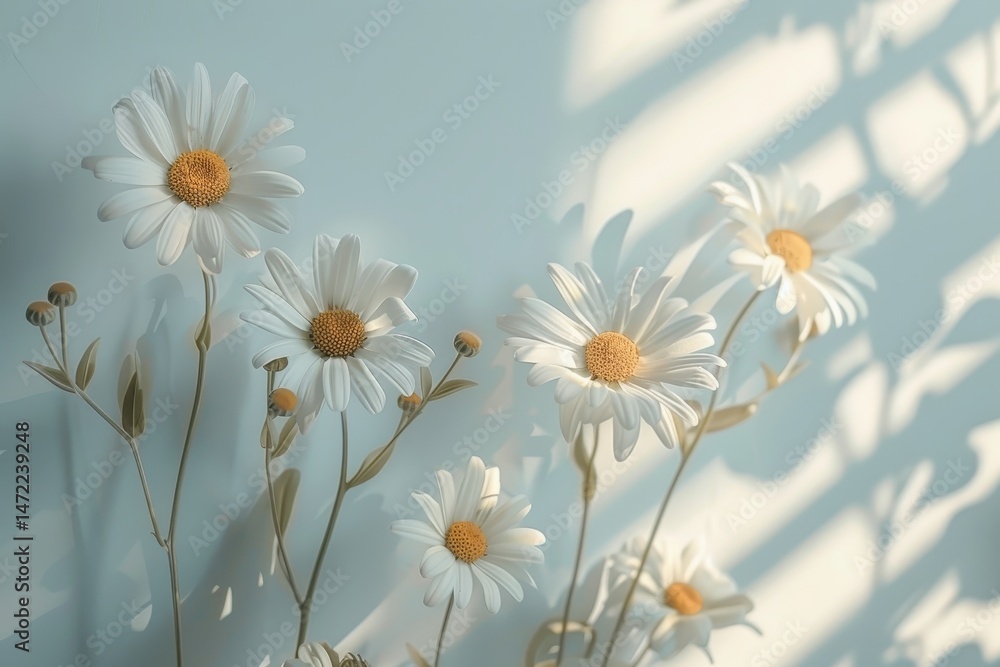 Poster white daisies in soft sunlight with shadowy background