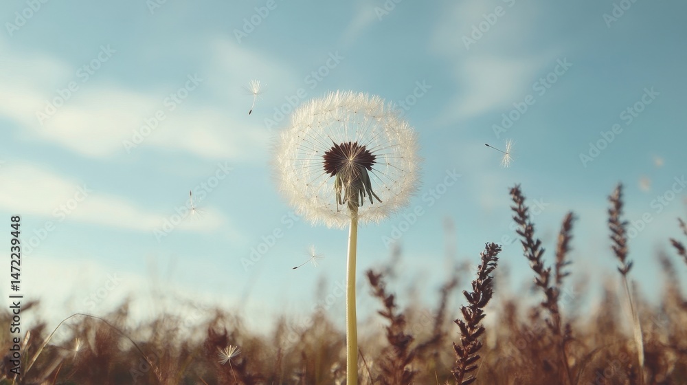 Poster white dandelion seeds blowing in wind soft light summer field