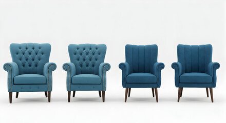 Four Blue Armchairs on White Background Featuring Elegant Upholstery and Classic Design for Interior Decor and Comfort
