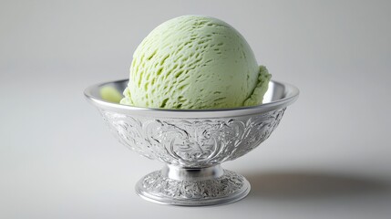 A 3D model of a tangy key lime pie ice cream scoop in a silver dish, on a white background 