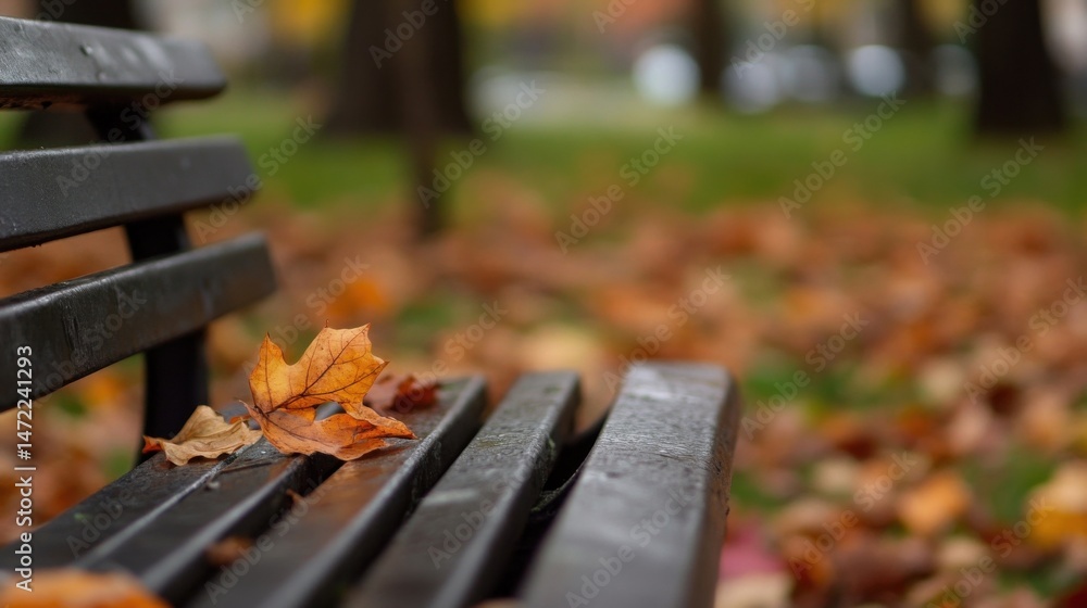 Poster single autumn leaf rests on a dark park bench, surrounded by fallen foliage; a tranquil autumn scene