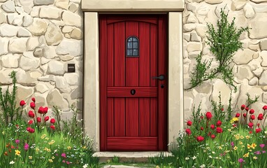 Fototapeta premium Red door on stone cottage with wildflowers, ideal for fairytale or cozy scenes