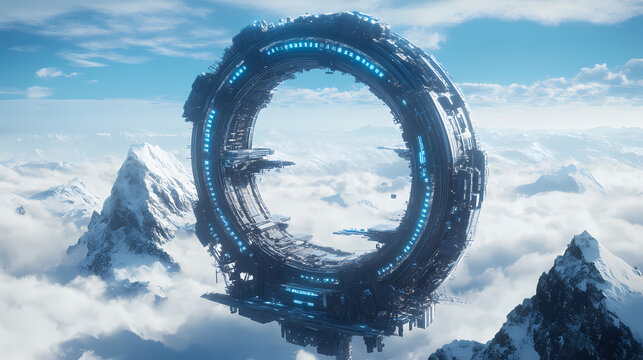 Floating Circular Spaceship Above Snow-capped Mountains
