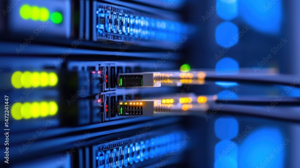Aufkleber close-up view of fiber optic cables connected to network server equipment, illuminated with blue and
