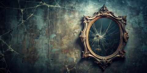 A shattered antique mirror, adorned with intricate detailing, hangs on a wall draped in cobwebs, evoking a sense of mystery and decay.