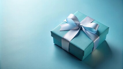 Obraz premium A delicately tied light blue ribbon adorns a pale aqua gift box, creating an elegant and celebratory scene.