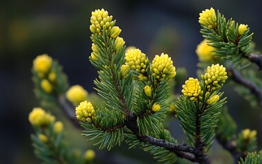 Close-up of vibrant yellow pine flower buds on green branches.